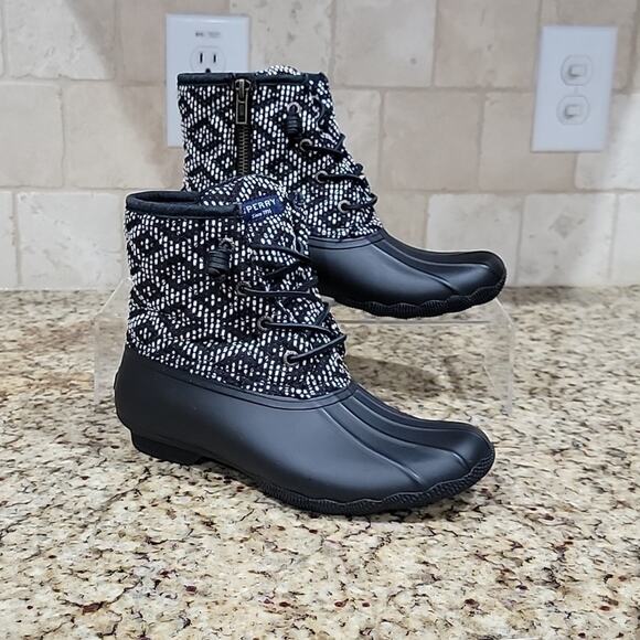Sperry Saltwater Duck Boots Black/White - Picture 1 of 10